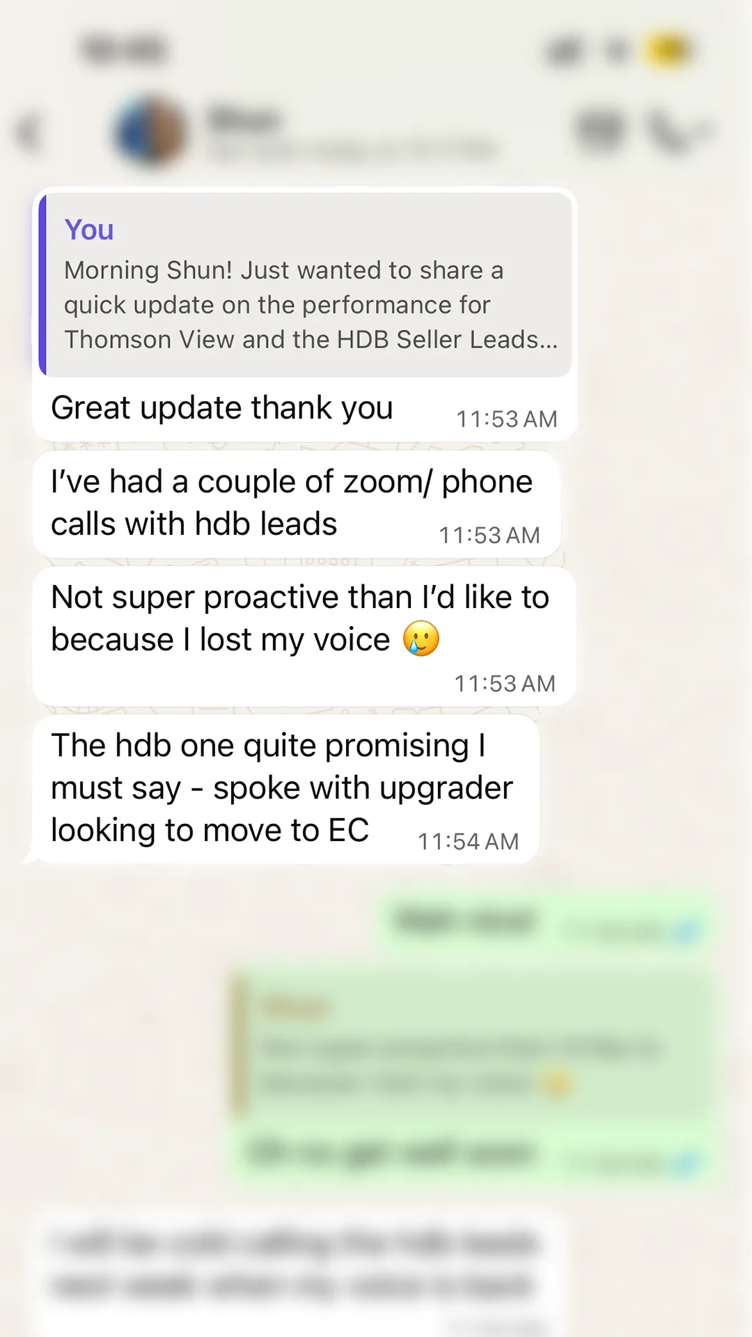 WhatsApp screenshot: WS, property agent at ERA, giving feedback on Homu Media